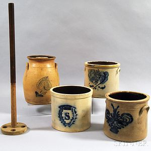 Three Cobalt-decorated Stoneware Crocks and a Churn