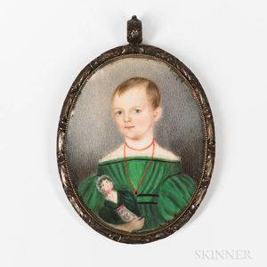 American School, Mid-19th Century Miniature Portrait of a Child in a Green Dress Holding a Doll