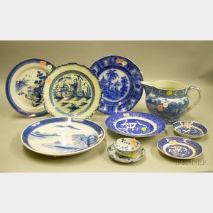 Ten Pieces of British and Asian Blue and White Pottery and Porcelain Tableware