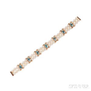 14kt Gold, Cultured Pearl, and Blue Topaz Bracelet, Tiffany & Co.