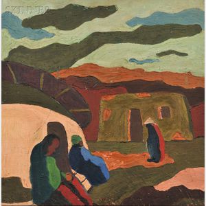 James Dorothy (South African, 20th Century) Figures by a Dwelling