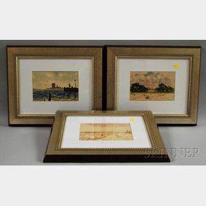 Orlando Vincent Schubert (American, 1844-1928) Three Framed Watercolor Views of Florida: River, Beach