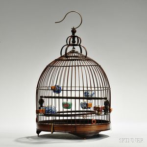 Bamboo Birdcage with Seven Porcelain Miniature Jars
