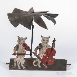 Painted Sheet Iron and Wood "Cats and the Fiddle" Wind Toy