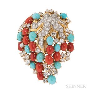 Tiffany & Co., Schlumberger, Turquoise, Coral, and Diamond Brooch