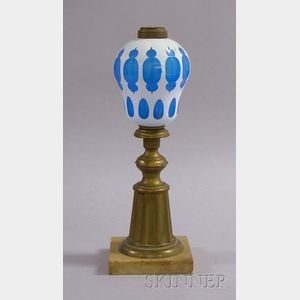 Cased White-Cut-to-Turquoise Glass Oil Lamp with Brass and Marble Base. 