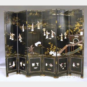 Asian Export Gilt and Carved Hardstone Scenic-decorated Black Lacquer Six-panel Floor Screen