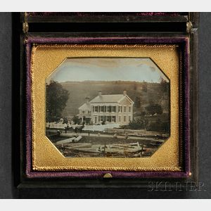 Sixth Plate Daguerreotype of a Large Federal House with Logging in the Foreground