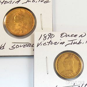 1892 Jubilee Sovereign and 1890 Jubilee Half Sovereign Gold Coins. 
