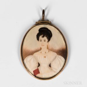 American School, Mid-19th Century Miniature Portrait of a Woman in a White Dress