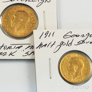1930 George V South African Sovereign and 1911 George V Half Sovereign Gold Coins. 