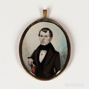American School, Mid-19th Century Miniature Portrait of a Man Seated in a Red Chair