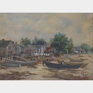 Framed American School Oil on Canvas Beach View with Fishing Shacks