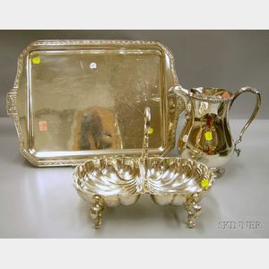 Silver Plated Serving Tray, Pitcher, and Two-part Shell-shaped Serving Dish.