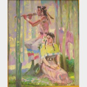 Framed Oil on Canvas Scene with Two Native Americans by Payne Edwards