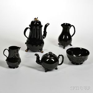 Five Staffordshire Jackfield Black Glazed Teaware Items