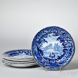 Eight Blue Staffordshire Dessert Plates