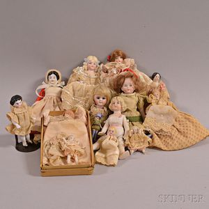 Fourteen Small Bisque Dollhouse Dolls. 