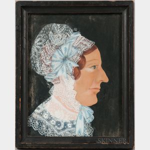 American School, Early 19th Century Portrait of a Woman in a Lace Bonnet with Powder Blue Ribbons