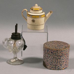 Small Hannah Davis Band Box, Creamware Teapot, and a Small Pressed Glass Hand Lamp