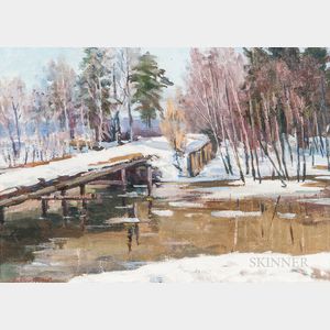 Dmitry Fedorovich Chumakov (Russian, 1913-c. 1980s) Klyazma River Scene with Bridge