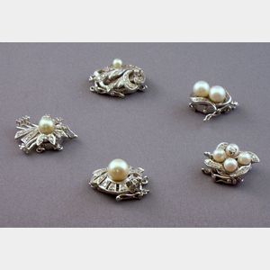 Five White Gold, Diamond, and Pearl Clasps