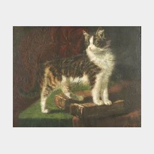 Sidney Lawrence Brackett (American, 1852-1910) Portrait of a Tabby Perched on a Leather-Bound Volume