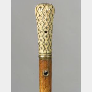 English Ivory Pique Handled Walking Stick