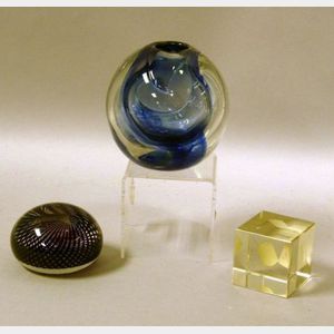 Contemporary Studio Blue Art Glass Vase, a Colorless Glass Cube Paperweight, and a Murano Glass Paperweight.