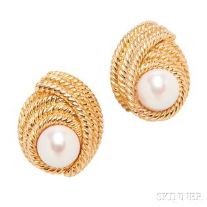 18kt Gold and Cultured Pearl Earclips