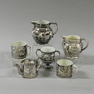 Six Pearlware Silver Resist Lustre Ceramic Items