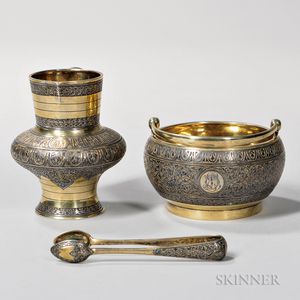Three Pieces of Russian .875 Silver-gilt and Niello Tableware