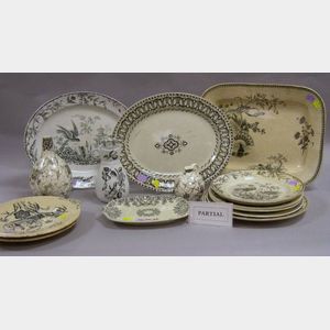 Seven Assorted English Black and White Transfer Decorated Ironstone Platters, Eight Plates, a Holder and Two Ceramic Vases
