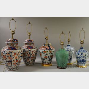 Six Asian-style Decorated Ceramic Table Lamps