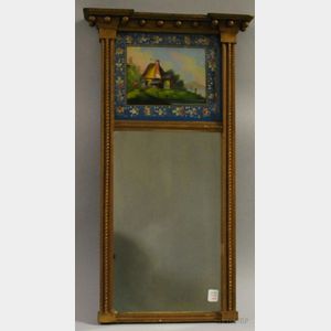 Federal Giltwood Tabernacle Mirror with Reverse-painted Glass Tablet Depicting a Cottage. 