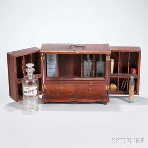Small Inlaid Wood Doctor's Cabinet and Contents