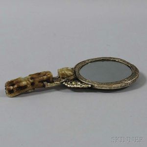 Asian Repousse Metal and Hardstone Hand Mirror