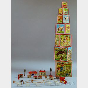 Lithographed Block Set and Group of Painted Wooden Toy Building and Accessories