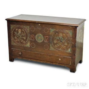 Danersk Colonial Revival Carved and Painted Oak One-drawer Blanket Chest