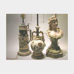 Royal Dux Style Porcelain Female Bust Table Lamp, a Tankard and Royal Worcester