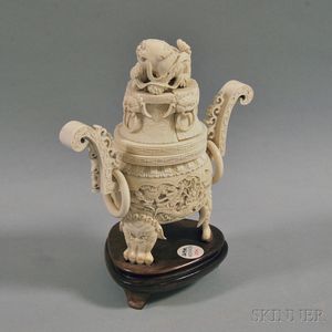 Carved Bone Covered Ding with Wood Stand