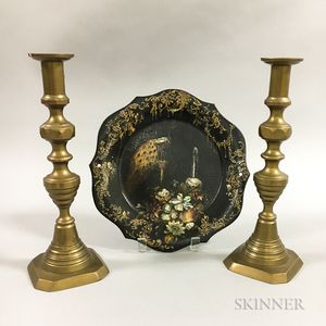 Pair of Brass Candlesticks and a Lacquered Dish