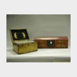 Chinese Export Lacquer Tea Caddy and a Gilt Decorated Red Pigskin Dome-top Box.