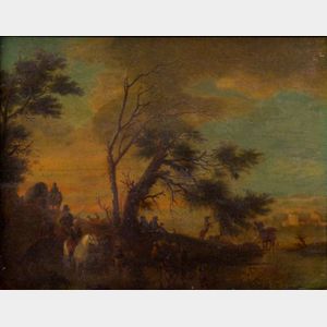 Manner of Philips Wouwerman (Dutch, 1619-1668) Herders and Travelers in a Bucolic Landscape