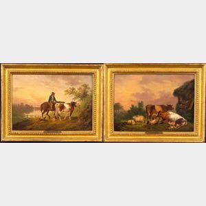 Attributed to Charles Towne (the Younger) (British, 1781-1854) Pair of Landscapes: Cows and Sheep Resting and Farmer Driving a Cow