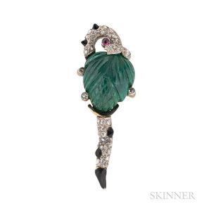 Cartier Art Deco Carved Emerald and Diamond Brooch