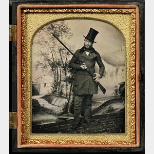 Sixth Plate Daguerreotype Portrait of a Gentleman Hunter Against a Painted Backdrop