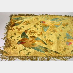 French Victorian Aesthetic Velvet and Silk Brocade Bird and Honeysuckle Panel with Gold Metallic Fringe.