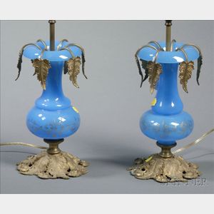Pair of French Blue Opaline Glass and Ormolu Mounted Lamps