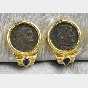 18kt Gold, Ancient Coin, and Sapphire Earclips, Retailed by Dorfman